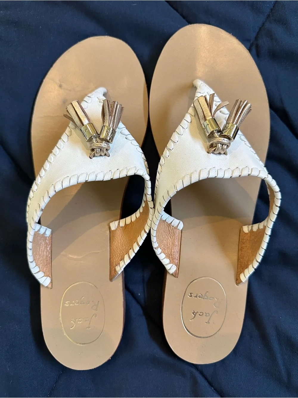 Jack Rogers White Leather Tassel Thong Sandals with Tan Footbed